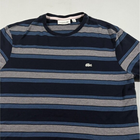 Lacoste Mens T-Shirt Blue Striped Crew Short Sleeve Tee Cotton XL FITS as L SLIM - Picture 2 of 8